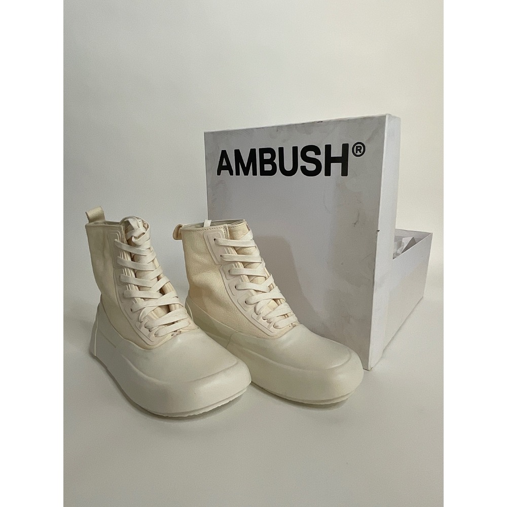 Ambush Mix Hi-Top Sneaker Boots Off-White Cream Leather Rubber BWIE002S21MAT001
